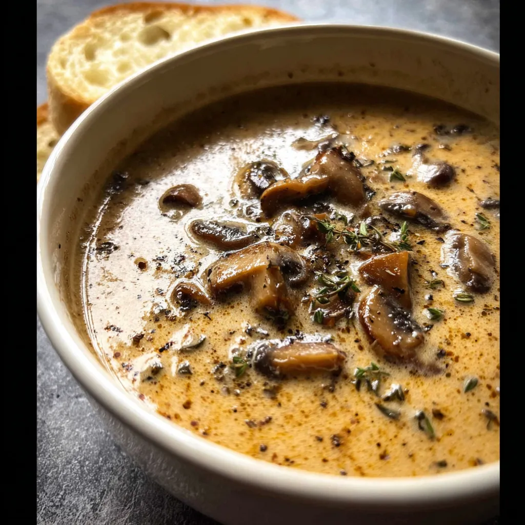 Rich and velvety mushroom soup garnished with fresh thyme and black pepper alongside golden toasted bread slices