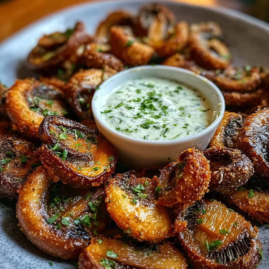 Golden brown roasted mushrooms with crispy caramelized edges served with creamy herb dip