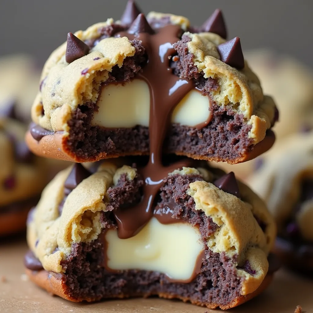 Close-up of brownie cookies with white cream center and chocolate chips on wooden surface
