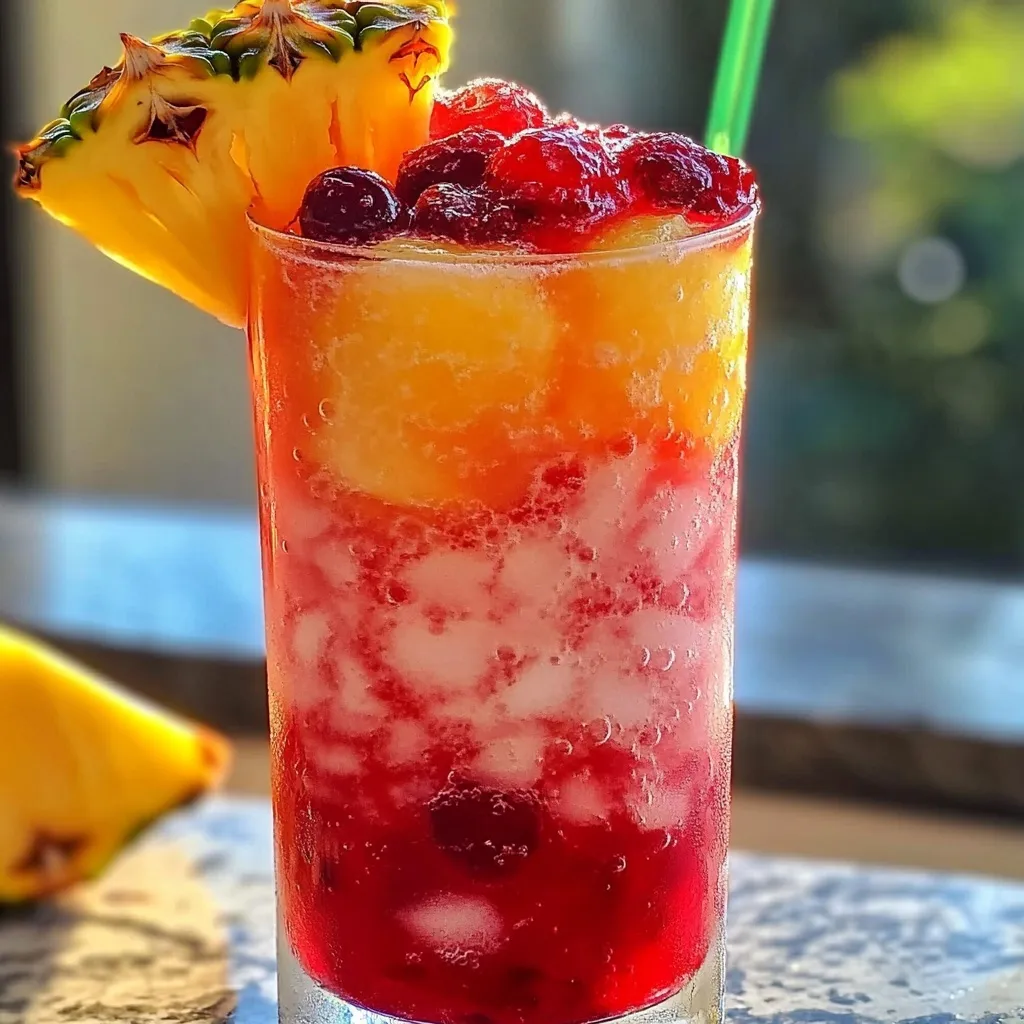 Sparkling fruit cocktails with red and orange layers and tropical garnishes