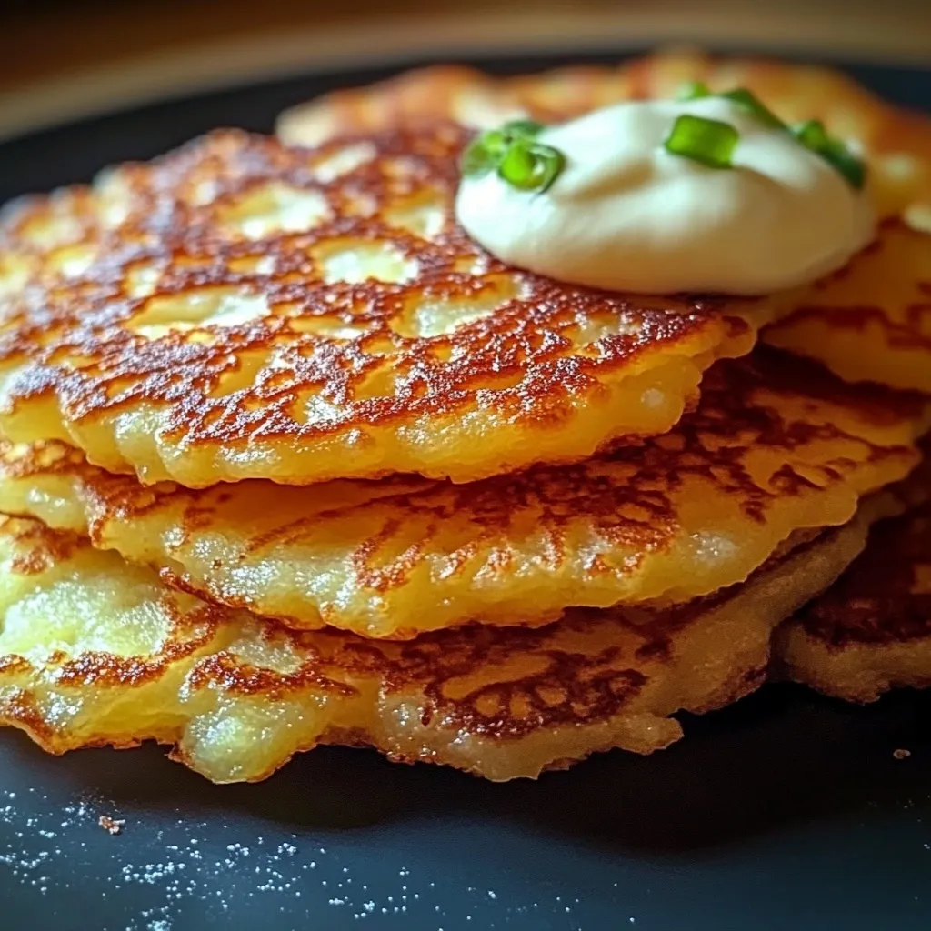 Traditional crispy potato pancakes on white plate with fresh parsley and creamy white sauce