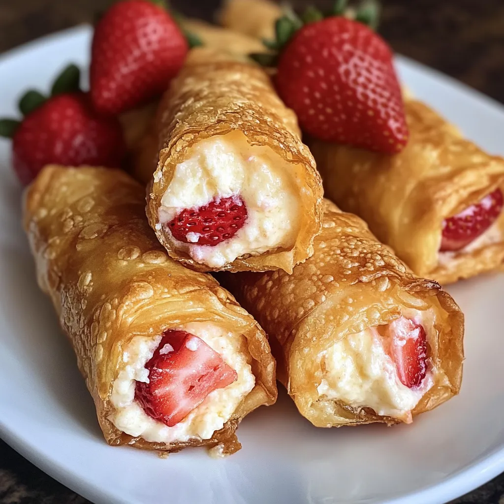 Homemade dessert eggrolls stuffed with strawberry cheesecake filling on white plate