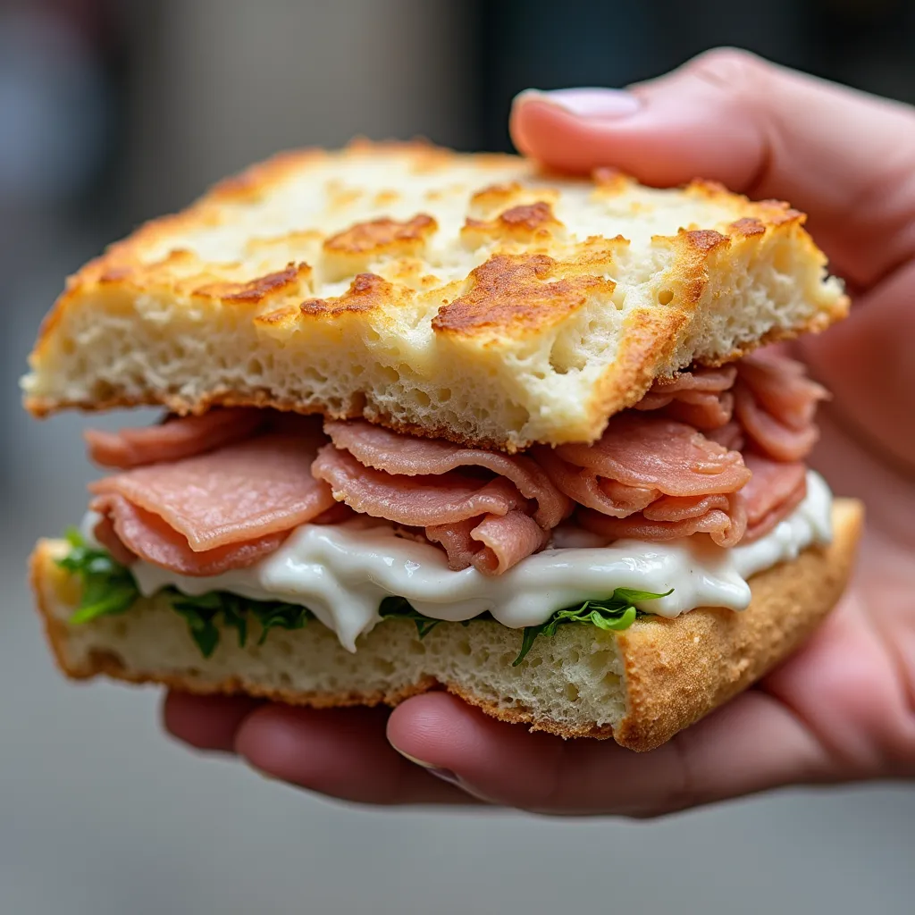 Italian sandwich with creamy burrata and thinly sliced mortadella