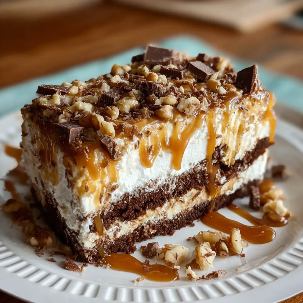 Decadent heaven cake slice topped with nuts caramel sauce and chocolate chunks