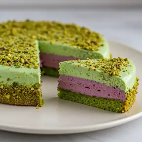 Japanese inspired layer cake with bright green tea sponge and fresh raspberry cream