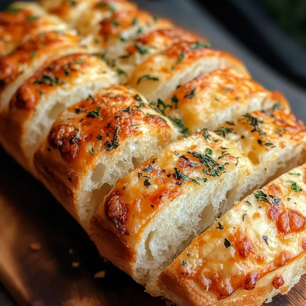 Homemade crusty bread topped with Italian herbs, cheese, and garlic butter