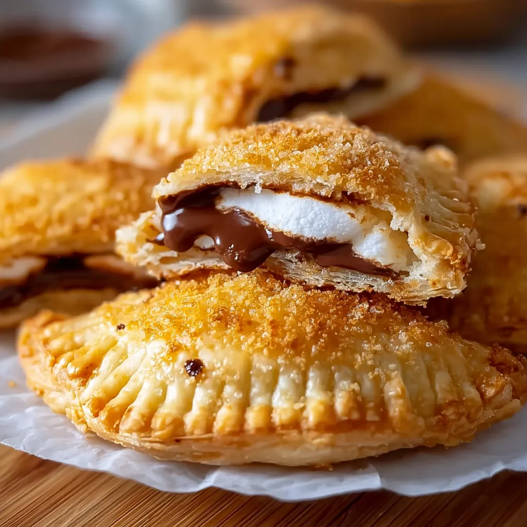 Crispy golden hand pies filled with gooey chocolate and marshmallow s'mores goodness