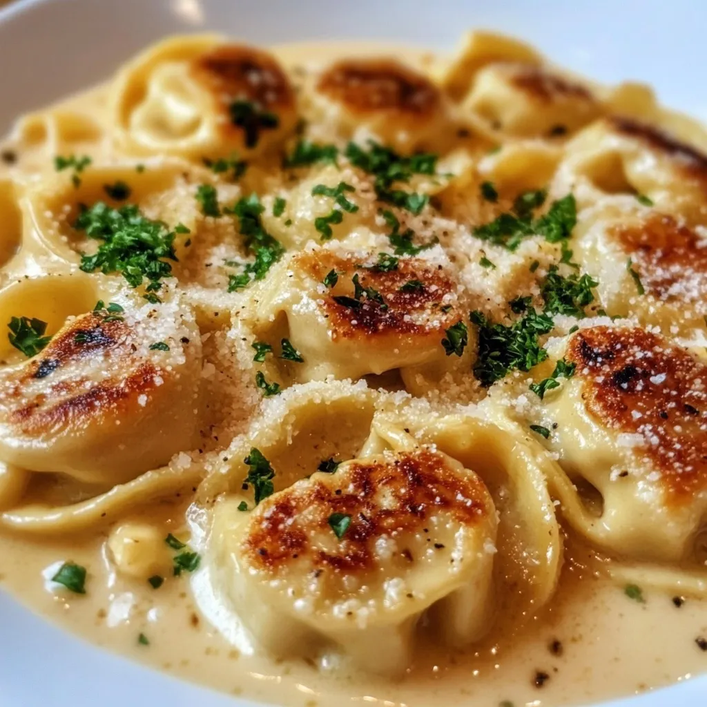 Cheese tortellini pasta dish with perfectly cooked chicken and vegetables in garlic cream sauce