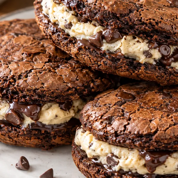 Close-up of creamy cookie dough filling and crackled chocolate cookie edges