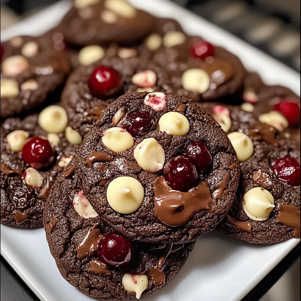 Fresh baked double chocolate cookies with white chocolate chips and cranberries on baking sheet
