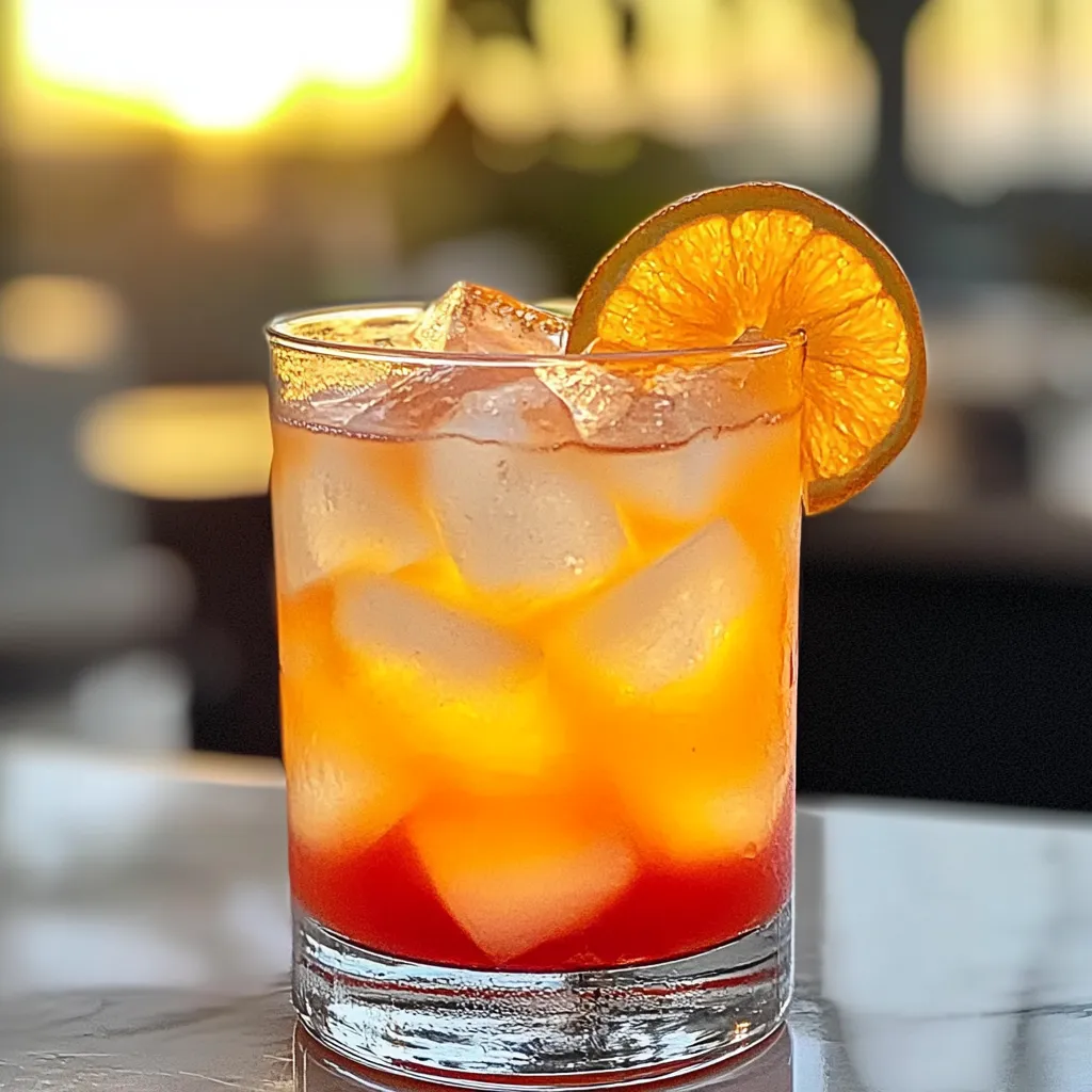 Tropical sunset cocktail in rocks glass with ice and citrus garnish on bar counter