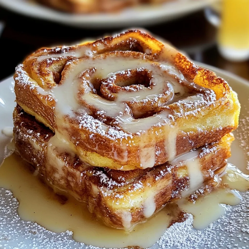 Golden cinnamon roll French toast slices with spiral pattern and glossy glaze on plate
