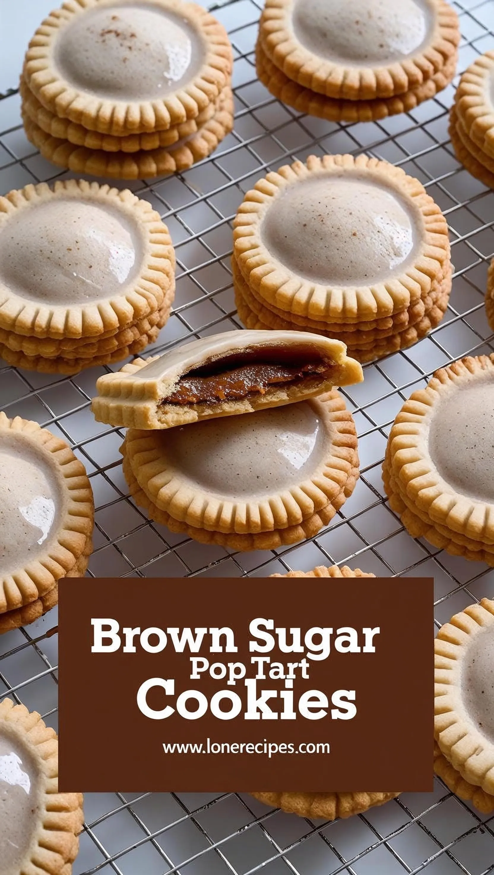 Homemade pop tart cookies with brown sugar filling and smooth glaze arranged on cooling rack kitchen setting