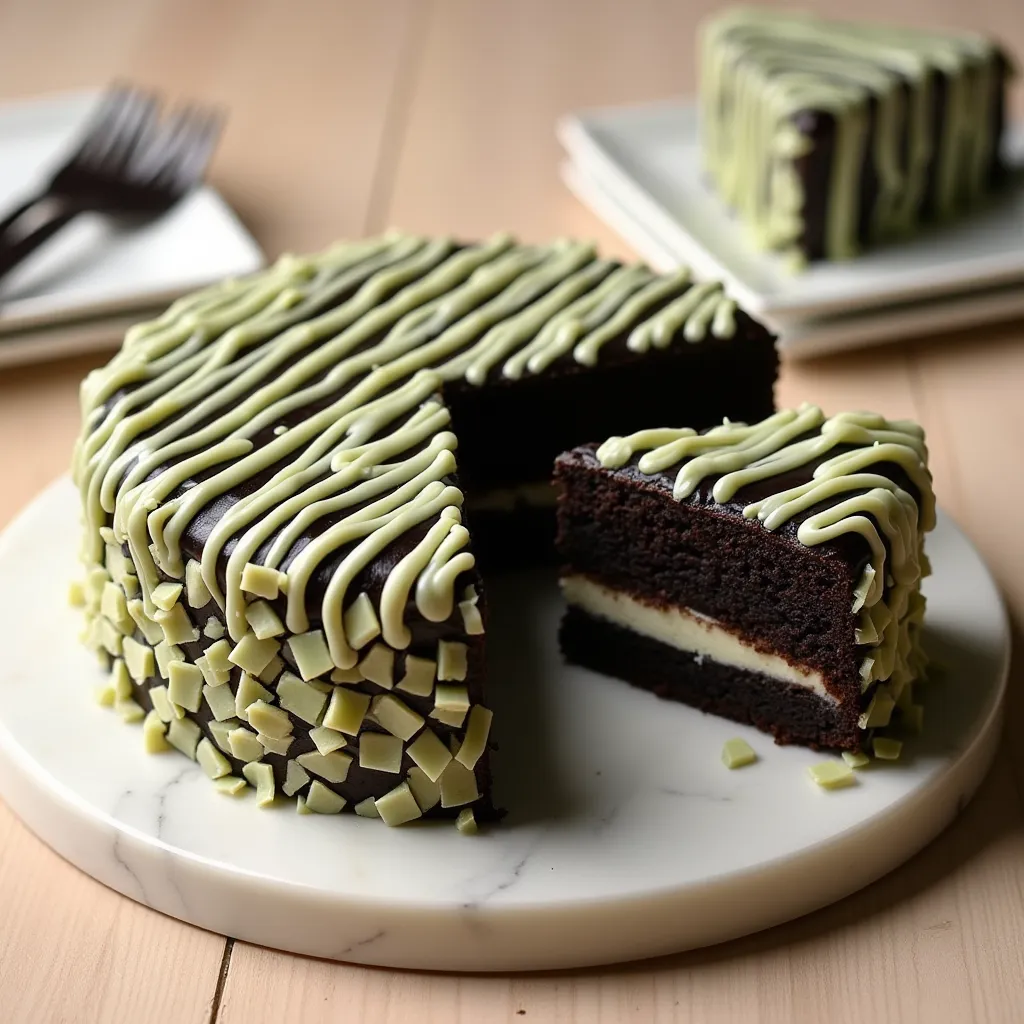 Decadent chocolate cake with mint frosting and decorative green pattern on top