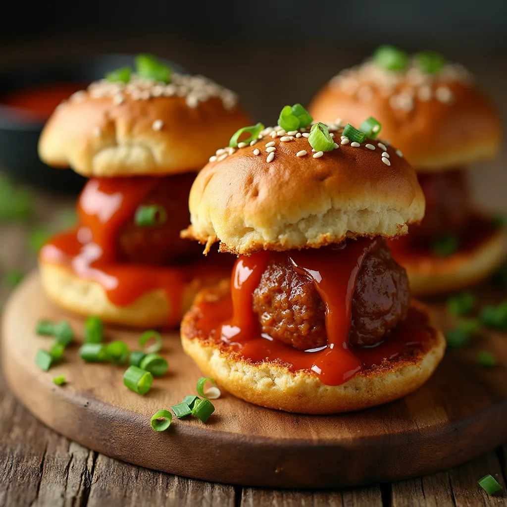 Juicy meatball sliders with sweet and spicy honey sriracha sauce dripping down the sides