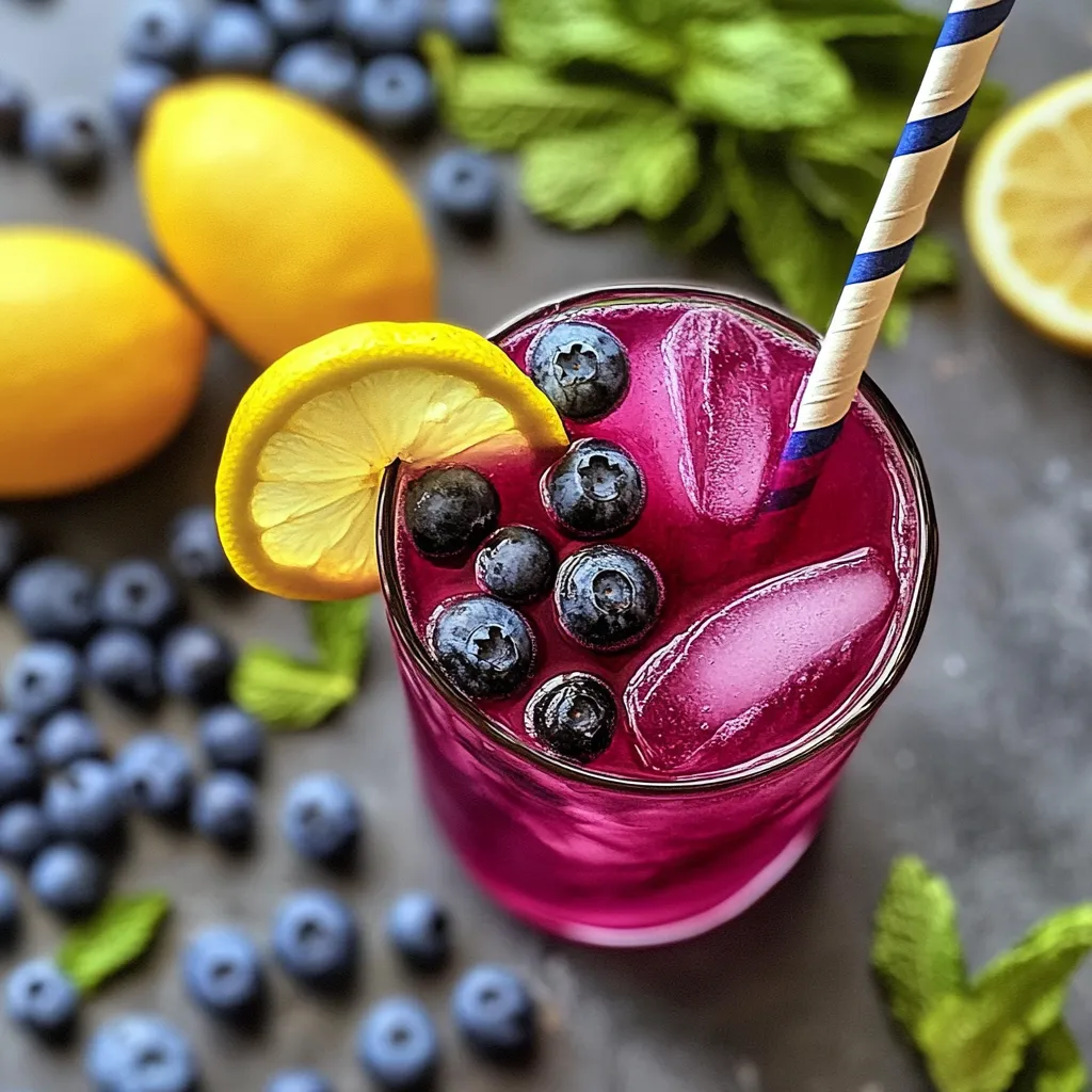 Stunning blueberry tea lemonade in clear glass with fresh blueberries lemon slice and mint garnish