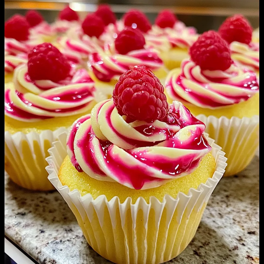 Beautiful lemon raspberry cupcakes with swirled pink and white frosting topped with fresh raspberries