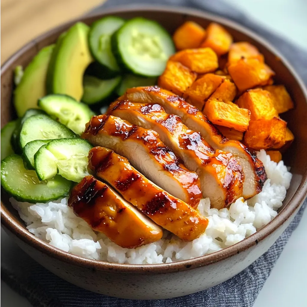 Perfectly caramelized chicken breast with honey glaze served alongside colorful vegetables in healthy bowl meal