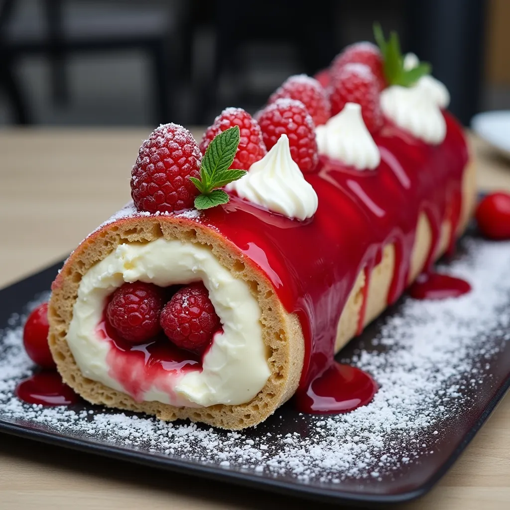 Delicious rolled sponge cake with raspberry glaze topped with fresh raspberries and cream dollops