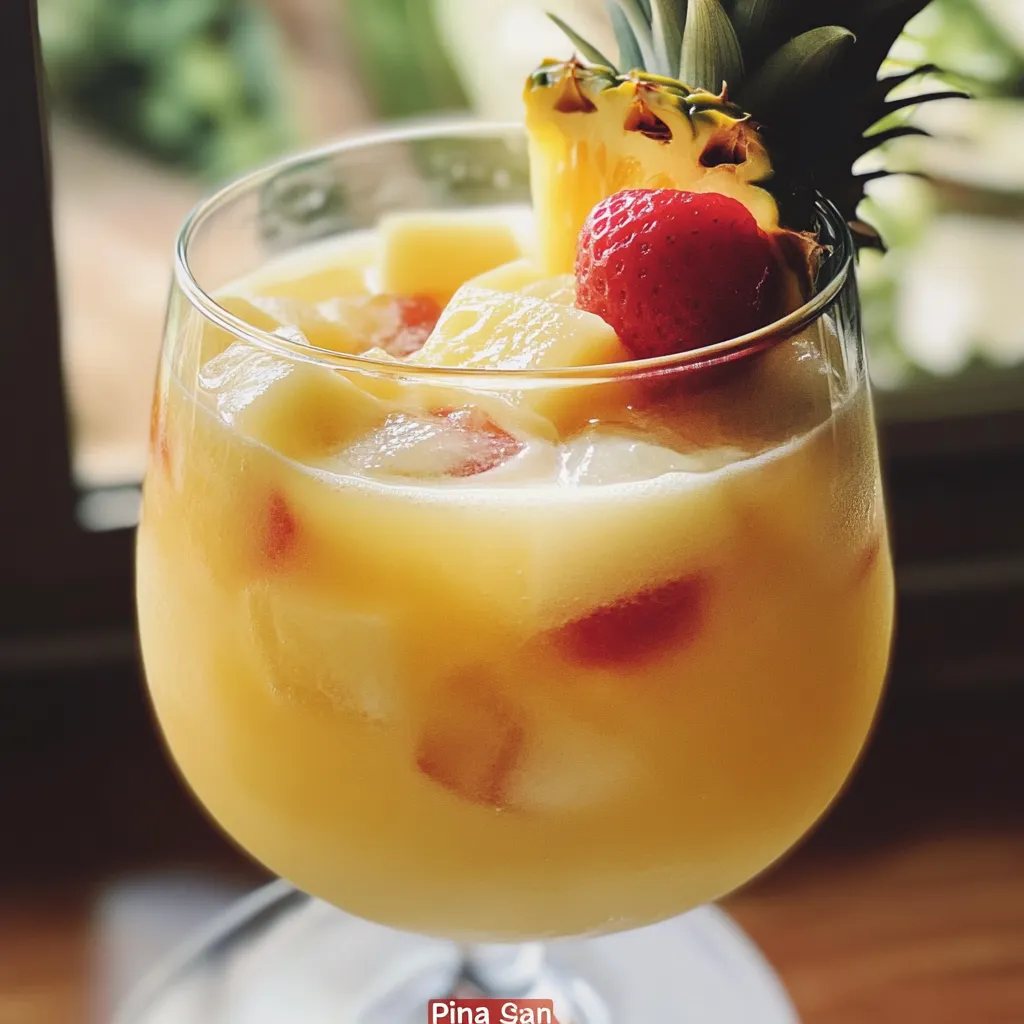 Refreshing pina colada sangria garnished with tropical fruits and ice cubes