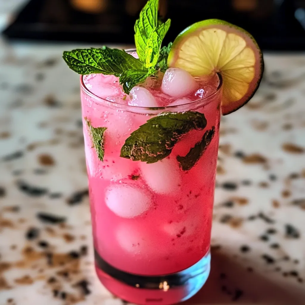 Vibrant pink coconut mojito cocktail garnished with fresh mint leaves and lime wheel in tall glass