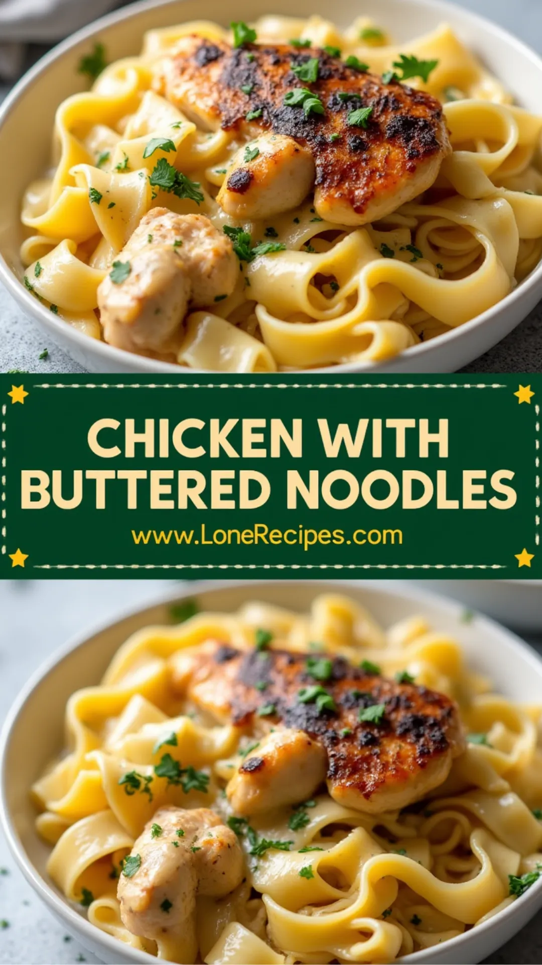 Juicy chicken chunks with golden brown crust served over wide ribbon egg noodles in a glossy butter sauce