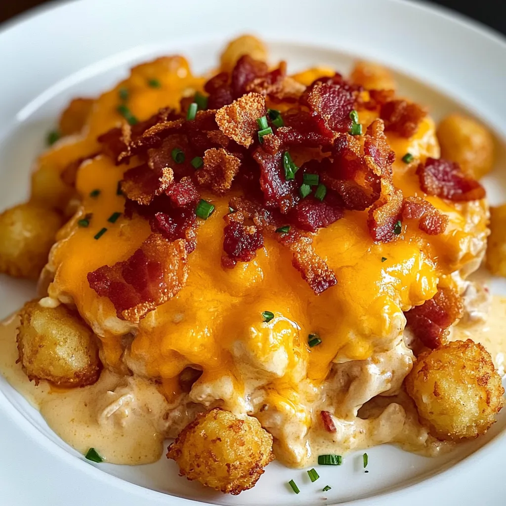 Comfort food casserole with layers of creamy ranch chicken and golden tater tots topped with cheese