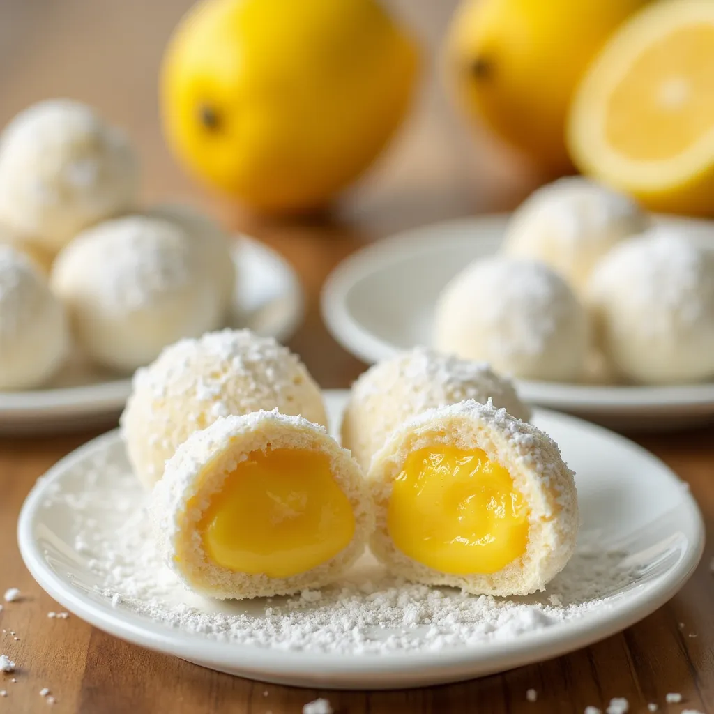 White powdered sugar coated lemon truffles cut in half showing vibrant yellow filling on white ceramic plate with fresh lemons