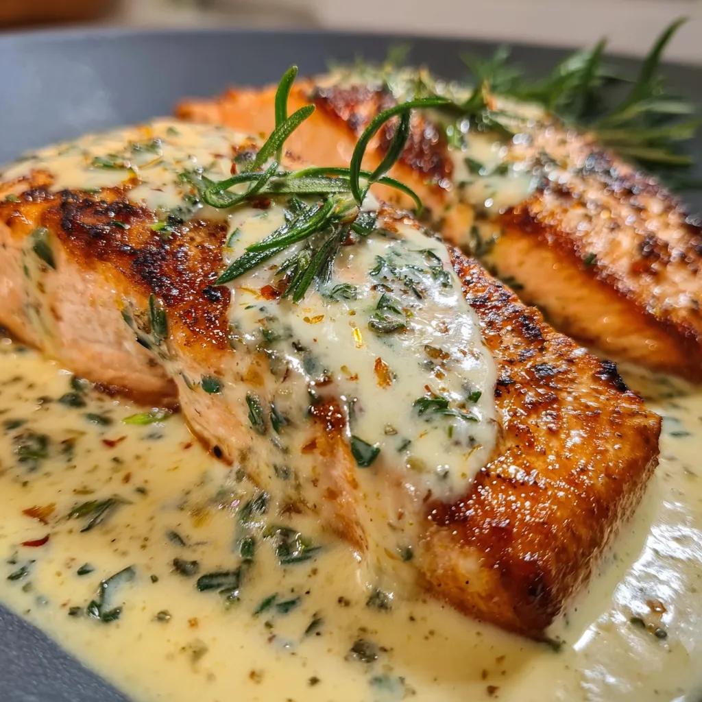 Restaurant-quality salmon with rich garlic cream sauce and herbs in cast iron skillet