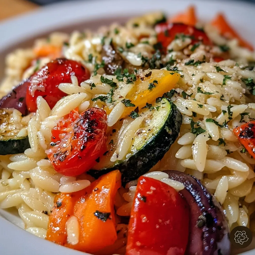 Colorful garlic parmesan orzo pasta with roasted zucchini tomatoes and fresh herbs in white bowl