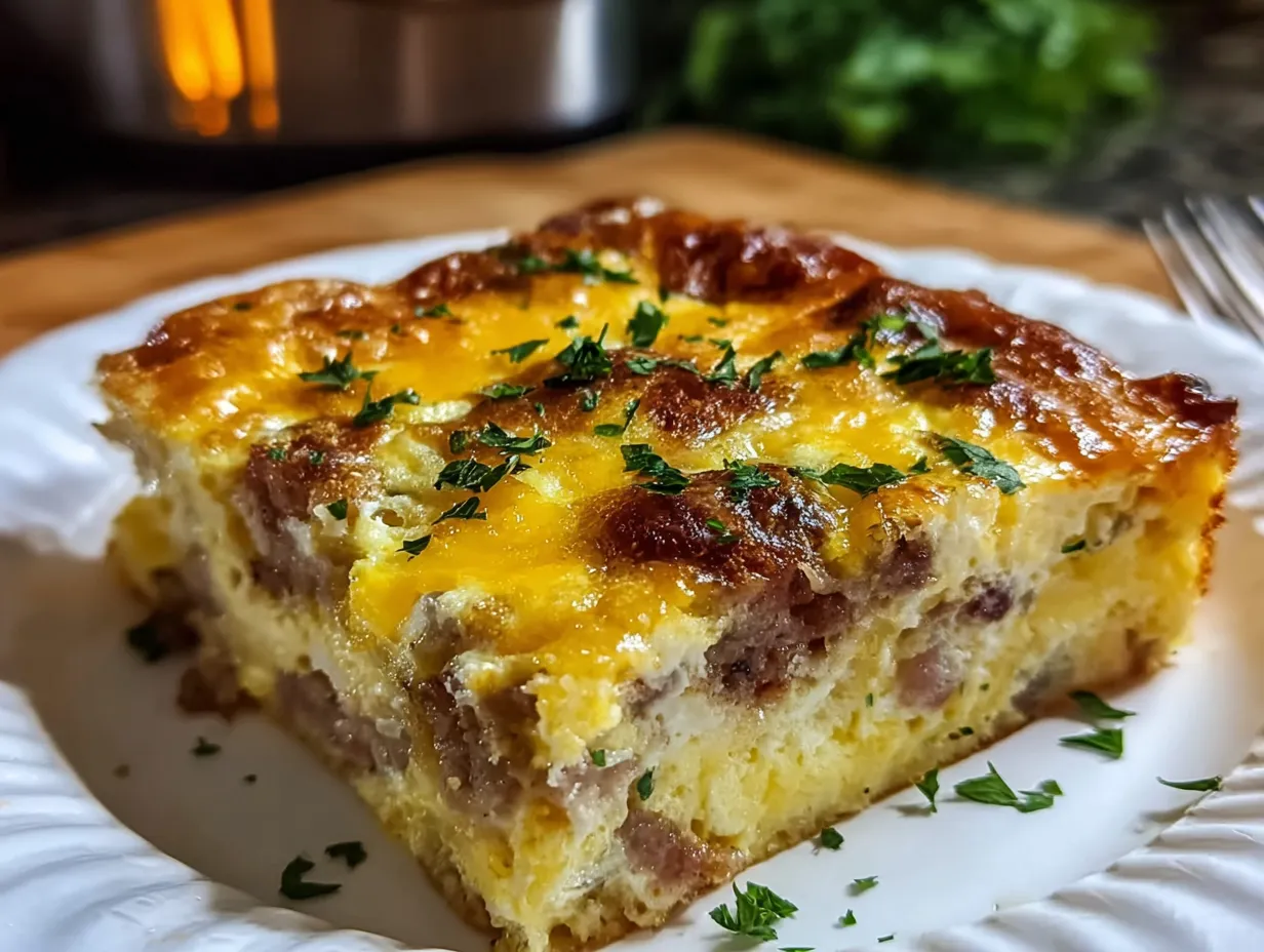 Hearty breakfast casserole with layers of sausage, eggs, and cheese on white plate