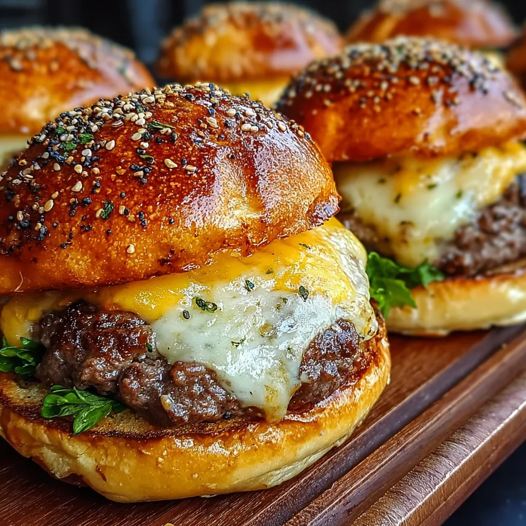 Golden sesame seed burger buns with melted cheese dripping over juicy beef patties on wooden board