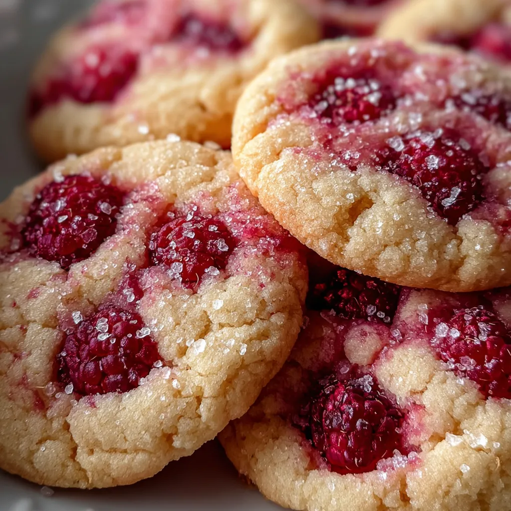 Soft and chewy raspberry cookies dusted with coarse sugar showing beautiful berry swirls