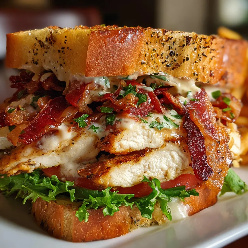 Gourmet chicken club sandwich with perfectly grilled chicken, crispy bacon strips, fresh greens and herb mayo on golden toasted bread