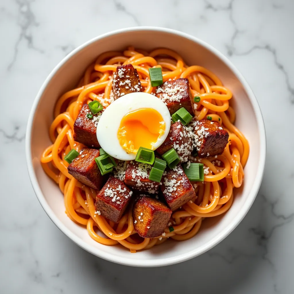 Korean-Italian fusion pasta with caramelized pork belly, scallions, and parmesan cheese