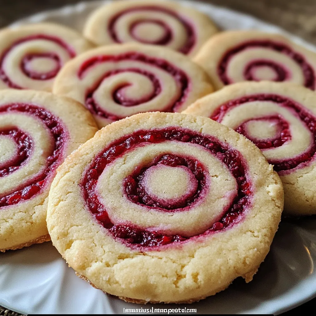 Homemade buttery shortbread cookies featuring vibrant red raspberry swirls