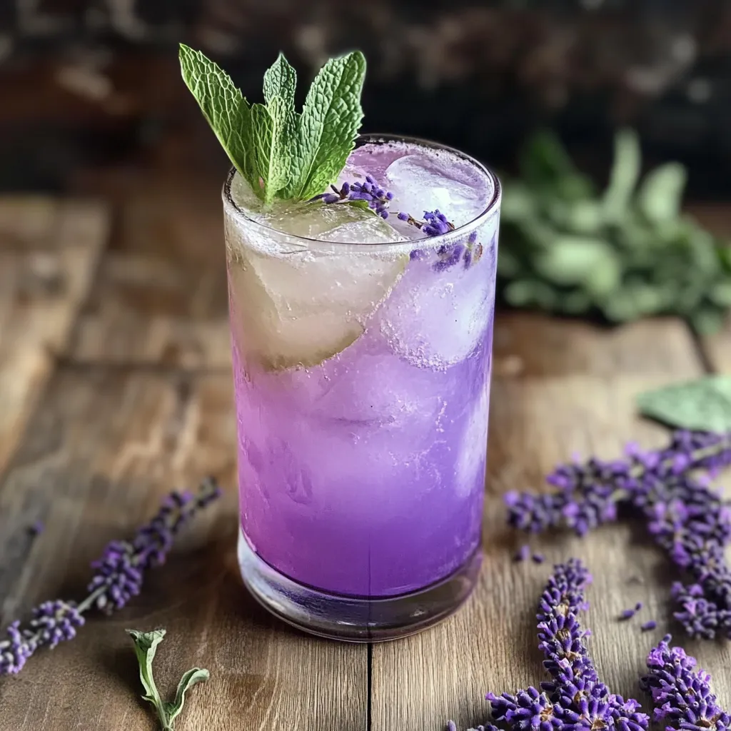 Elegant non-alcoholic lavender mojito with ice cubes and botanical garnishes creating stunning purple gradient