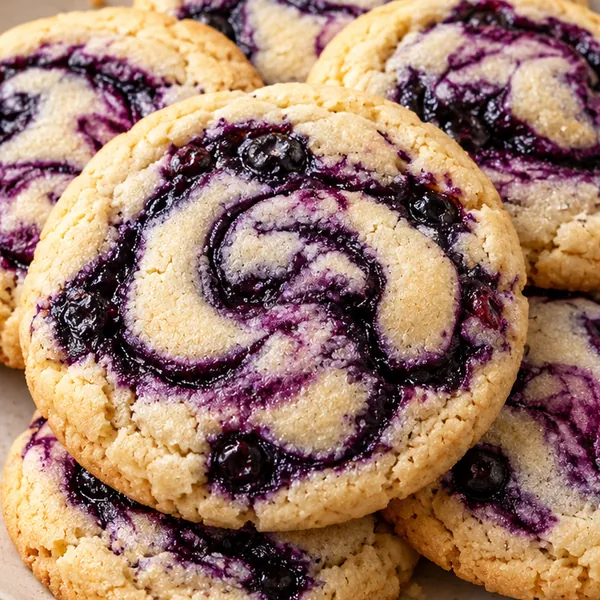 Detail of the soft center and jammy blueberry swirl with cracked golden edge