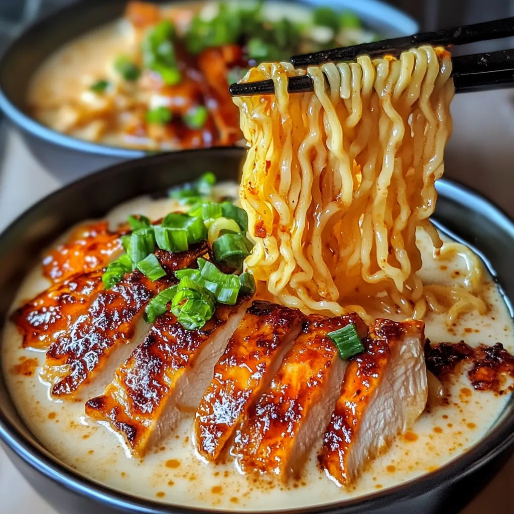 Perfectly glazed chicken slices over rich creamy ramen broth garnished with fresh scallions
