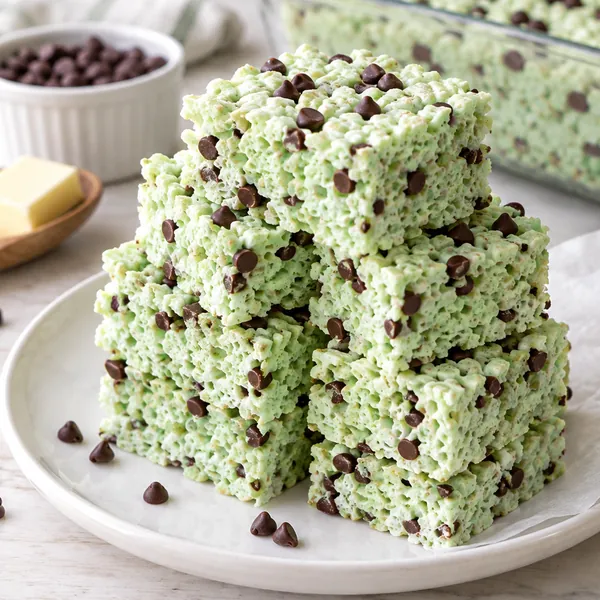 Overhead view of a pan of mint Rice Krispie treats sprinkled with chips