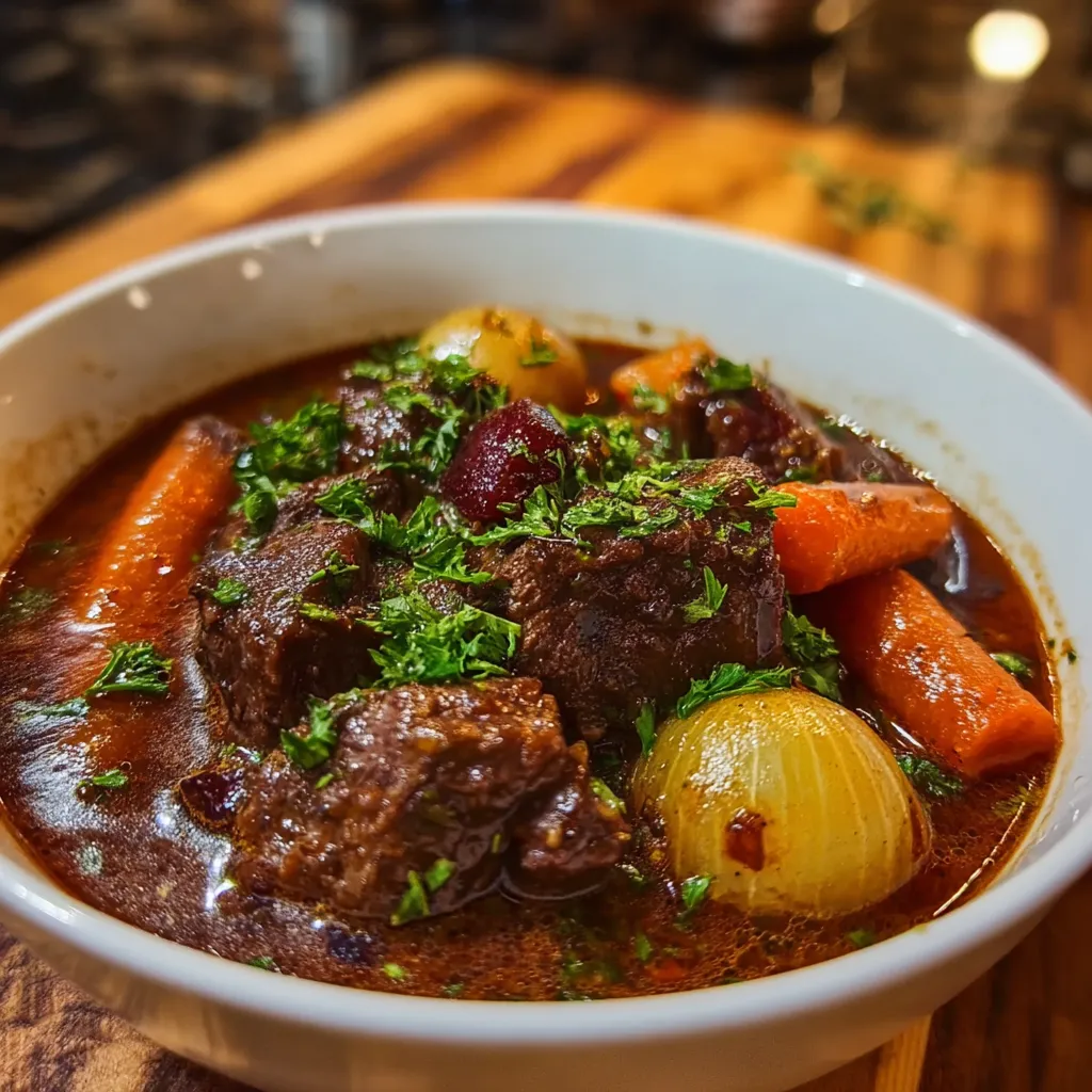Hearty bowl of classic beef bourguignon with pearl onions and carrots