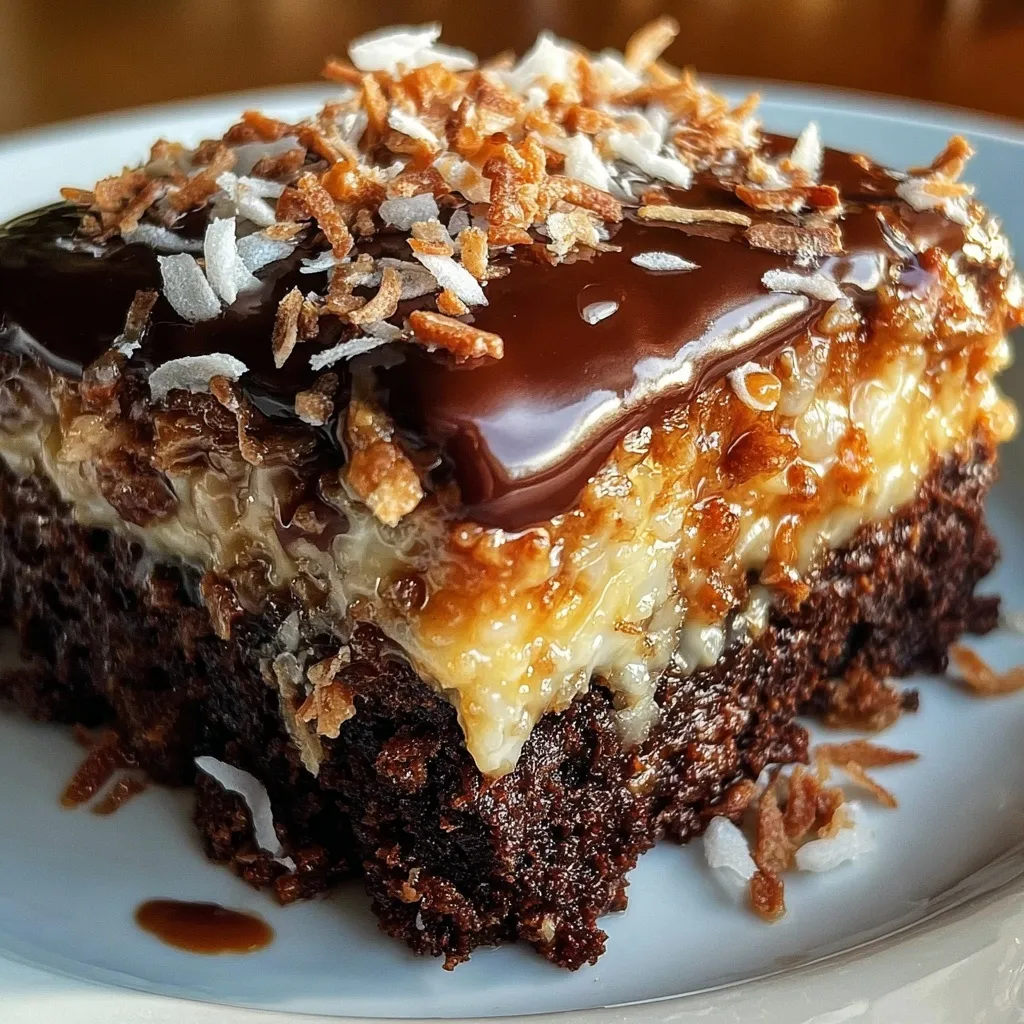 Decadent chocolate poke cake topped with coconut pecan mixture and glossy chocolate sauce