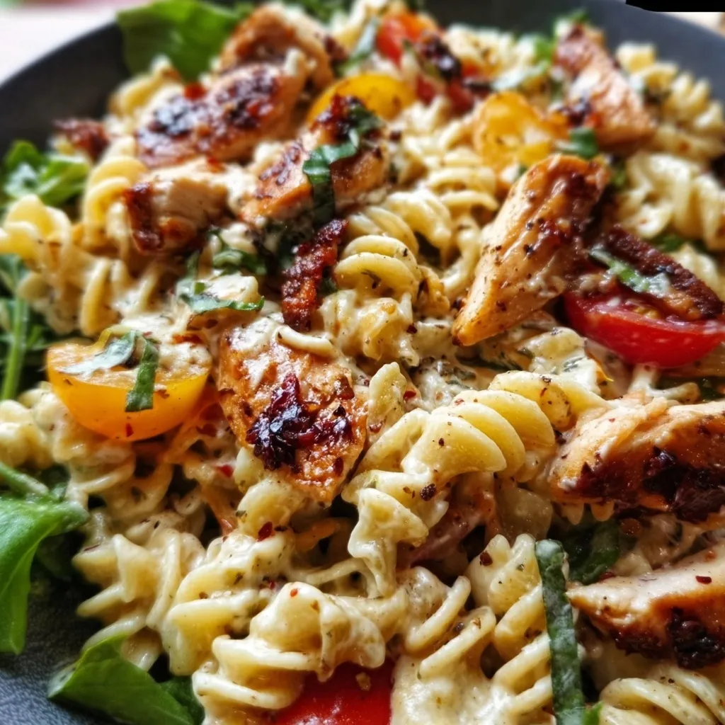 Hearty pasta salad with BBQ chicken cherry tomatoes corn and creamy ranch dressing