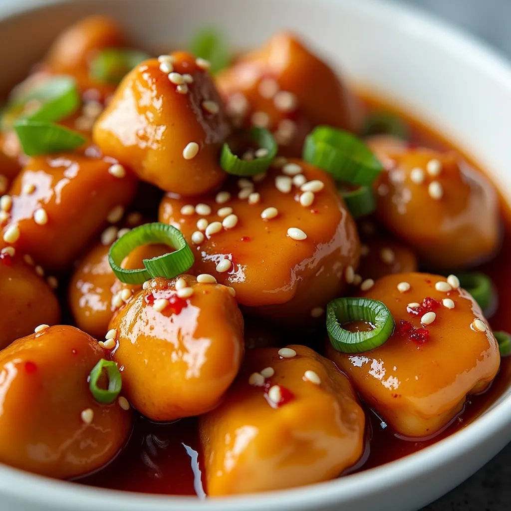 Sticky sweet Asian-inspired chicken bites topped with sesame seeds and fresh scallions