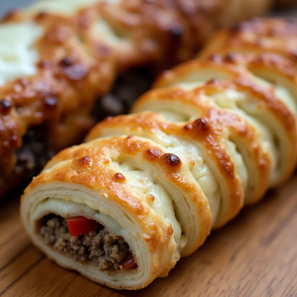Cheese-topped meat rolls with flaky pastry and colorful bell pepper filling freshly baked to perfection
