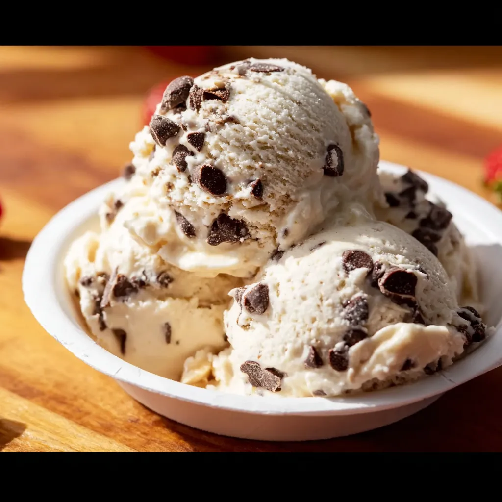 Homemade dairy-free ice cream with visible chocolate pieces on wooden kitchen counter