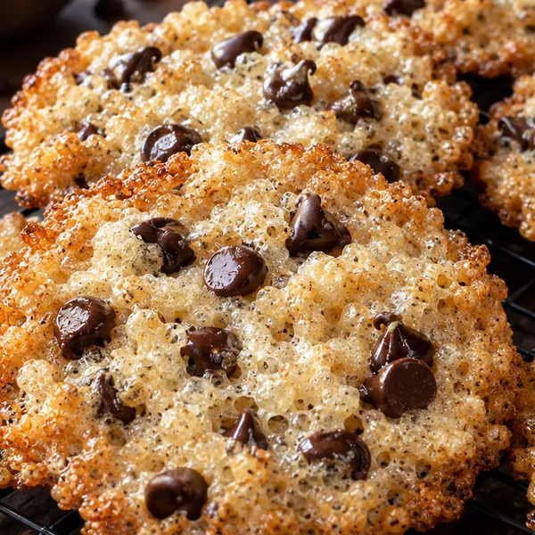 Close-up of the airy, bubbled texture with glossy chocolate dots