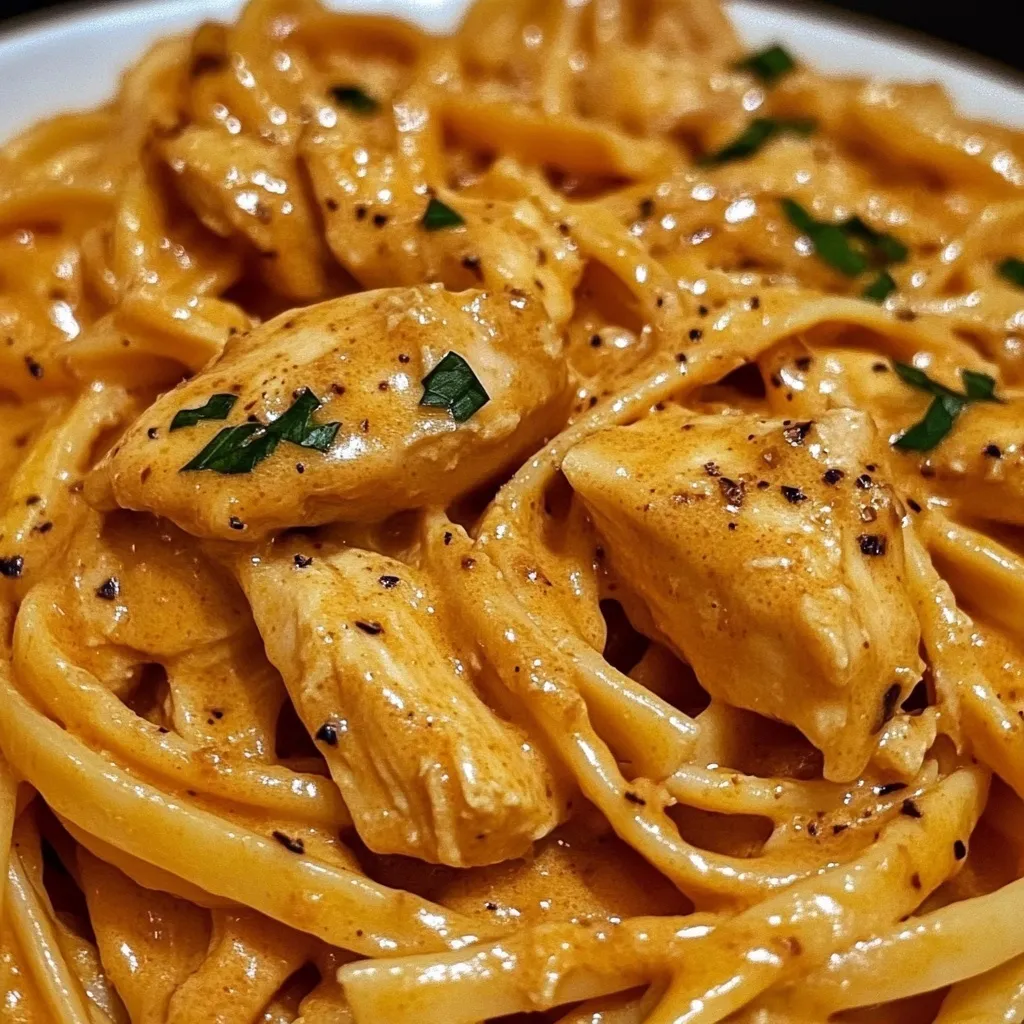 Homemade cowboy butter chicken linguine with perfectly cooked pasta and vibrant green parsley garnish