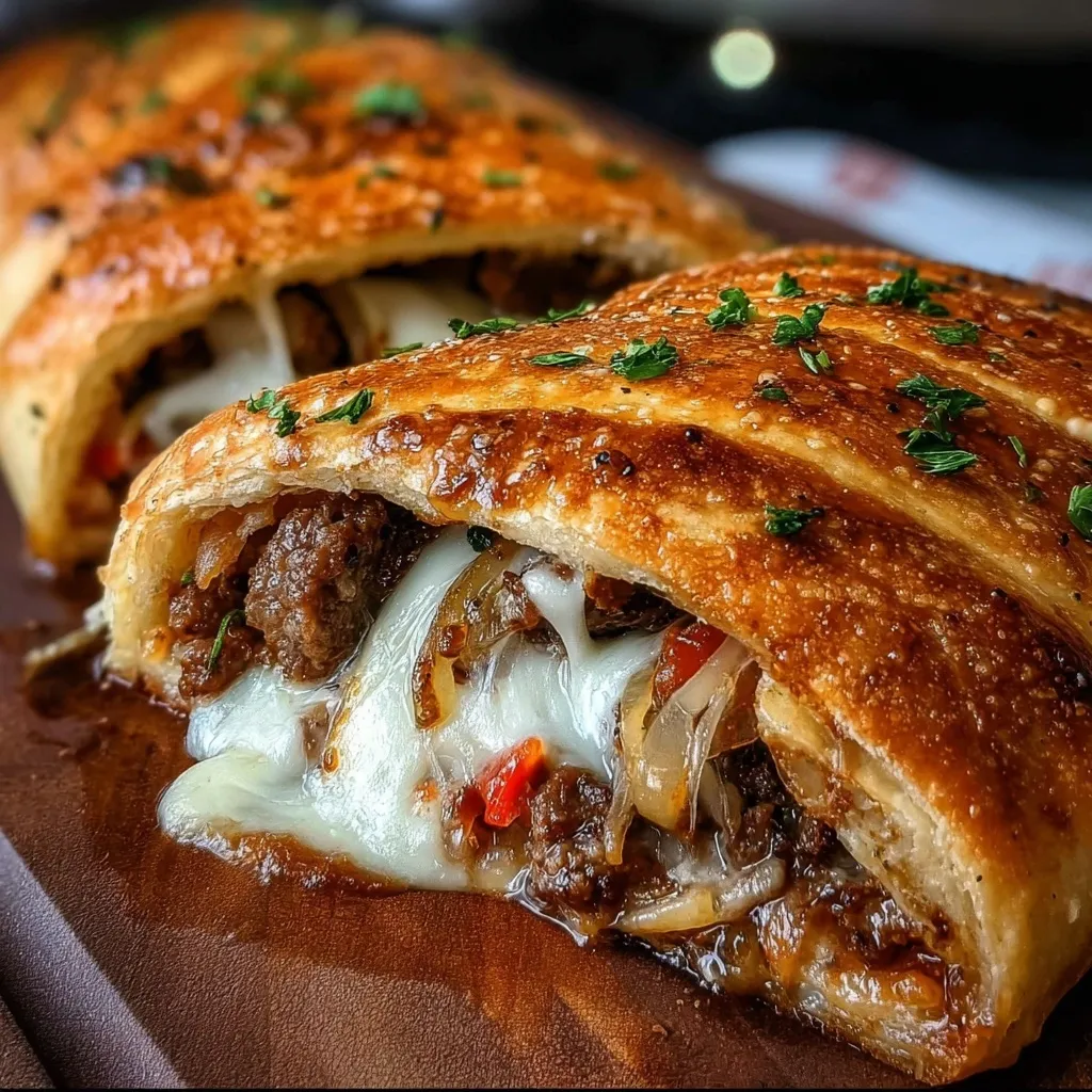 Homemade cheesesteak stromboli with herbs on top and gooey cheese melting out