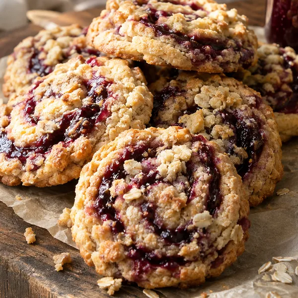 Close-up showing glossy jam swirls and toasted oat crumble